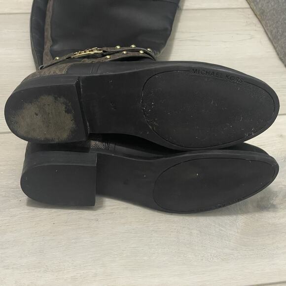 MICHAEL KORS $375 BLACK BROWN LOGO KINCAID RIDING BOOTS SZ 8 - Picture 11 of 13